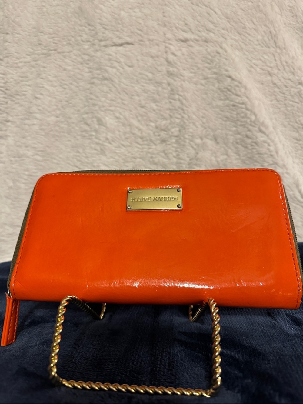Steve Madden Orange Patent Zip Wallet with Gold Plaque